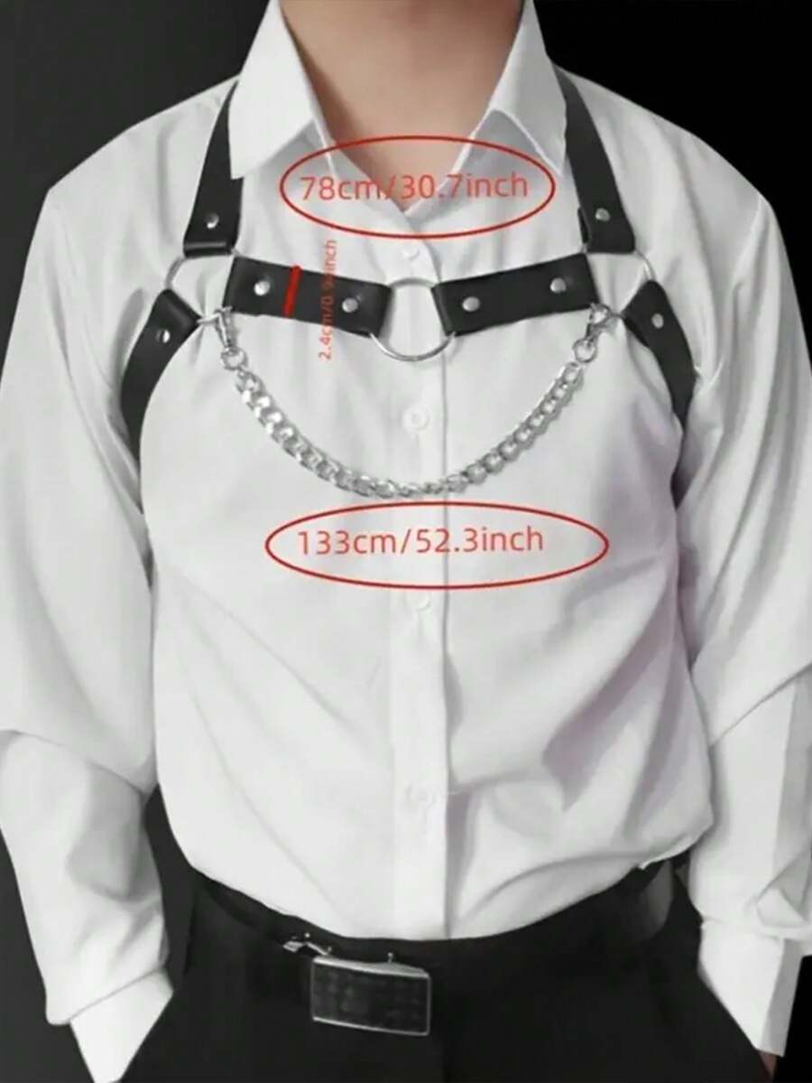 Men's black PU leather chest belt body harness with ring detail in cyberpunk style.