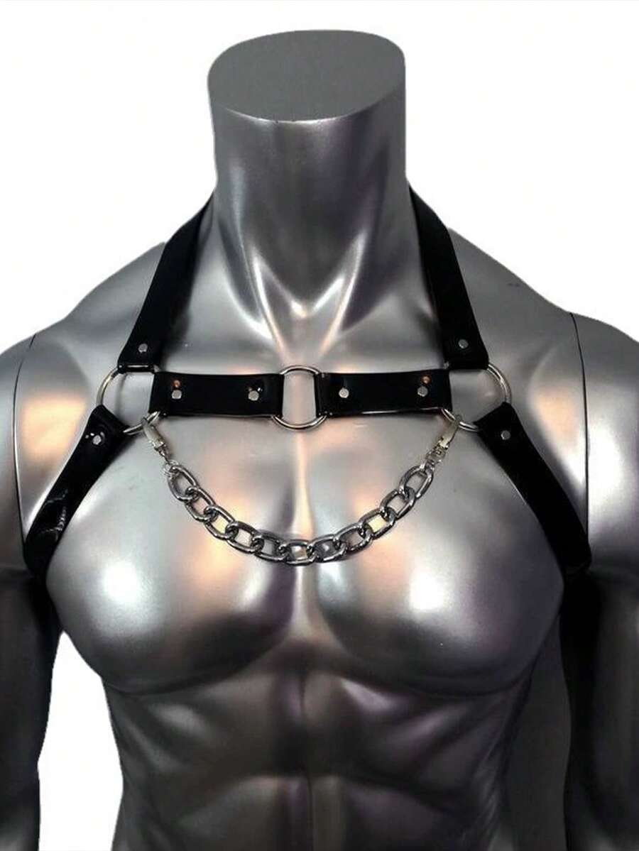 Men's black PU leather chest belt body harness with ring detail in cyberpunk style.