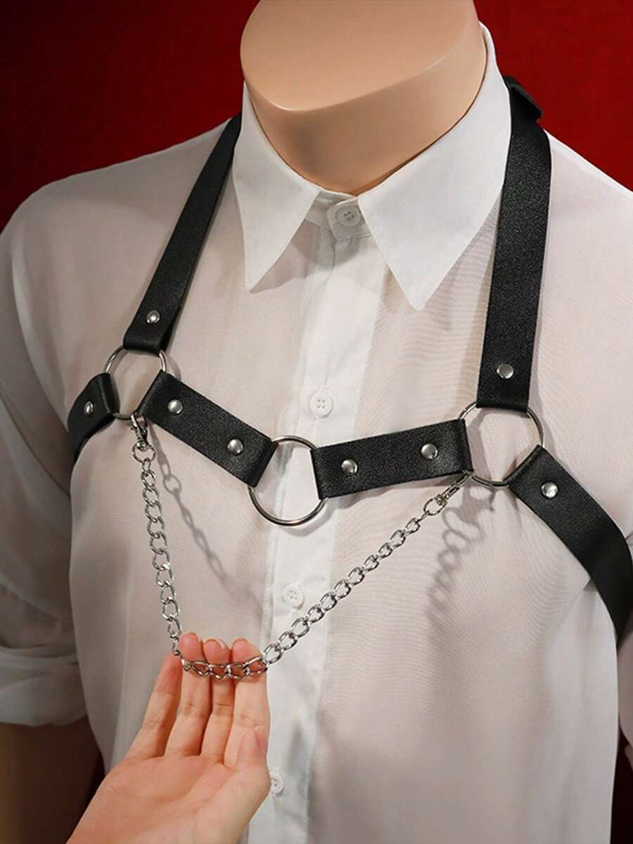 Men's black PU leather chest belt body harness with ring detail in cyberpunk style.