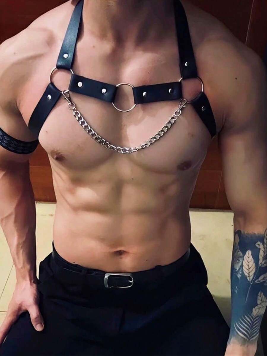 Men's black PU leather chest belt body harness with ring detail in cyberpunk style.
