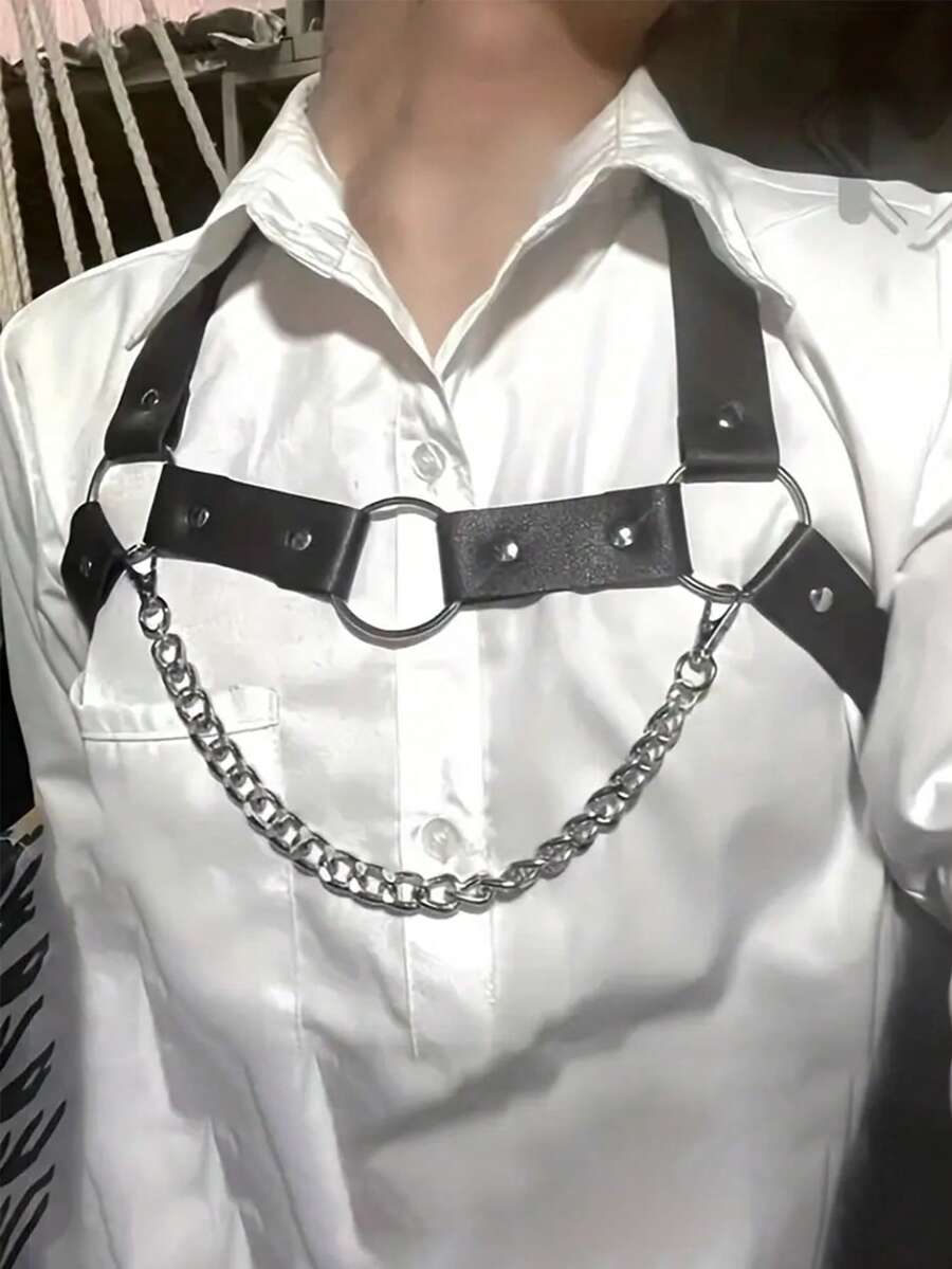 Men's black PU leather chest belt body harness with ring detail in cyberpunk style.