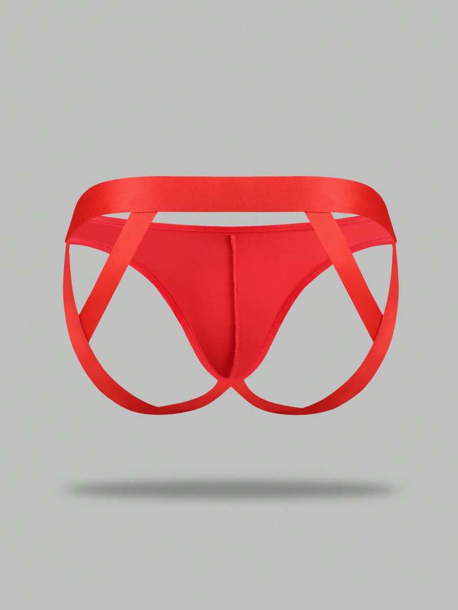 Red men's low-rise jockstrap underwear featuring criss-cross cut-out details in medium stretch knitted fabric.