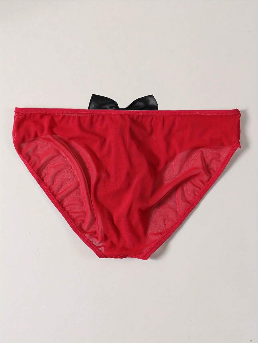 Men's sheer mesh triangle briefs in solid color featuring a mid-rise waist and breathable knitted stretch fabric.