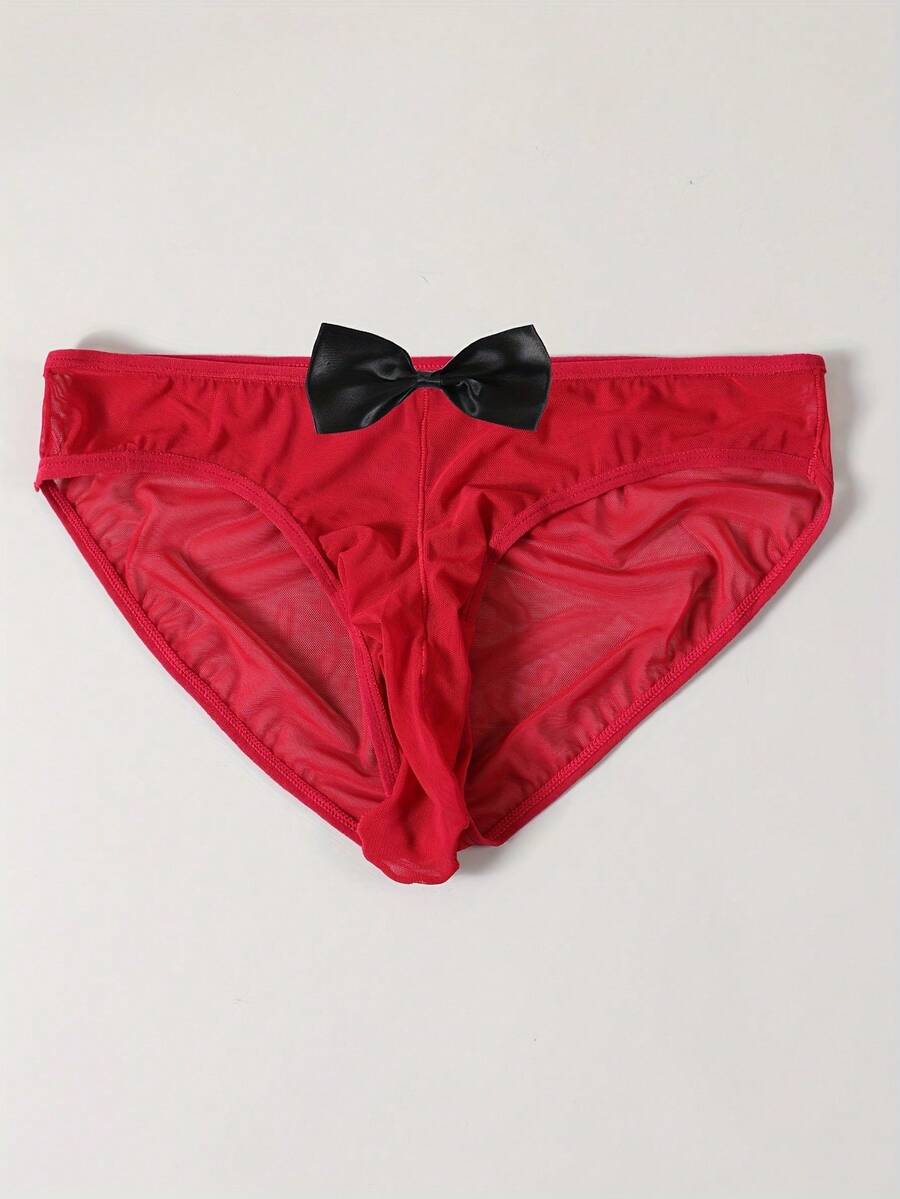 Men's sheer mesh triangle briefs in solid color featuring a mid-rise waist and breathable knitted stretch fabric.