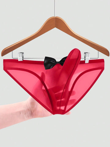Men's sheer mesh triangle briefs in solid color featuring a mid-rise waist and breathable knitted stretch fabric.
