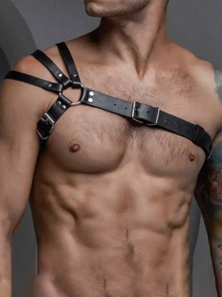 Men's black PU leather chest belt body harness with ring detail in cyberpunk style.