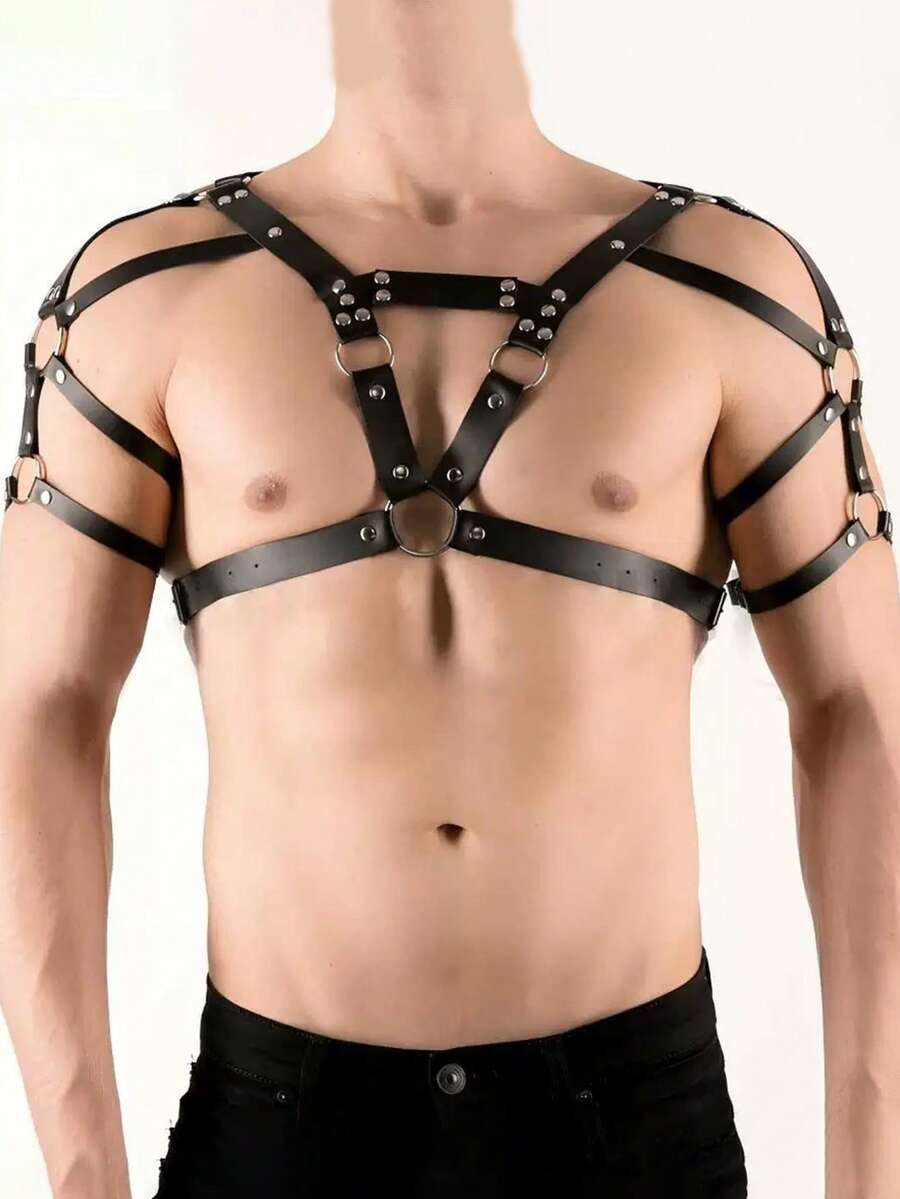 Men's black PU leather chest belt body harness with ring detail in cyberpunk style.
