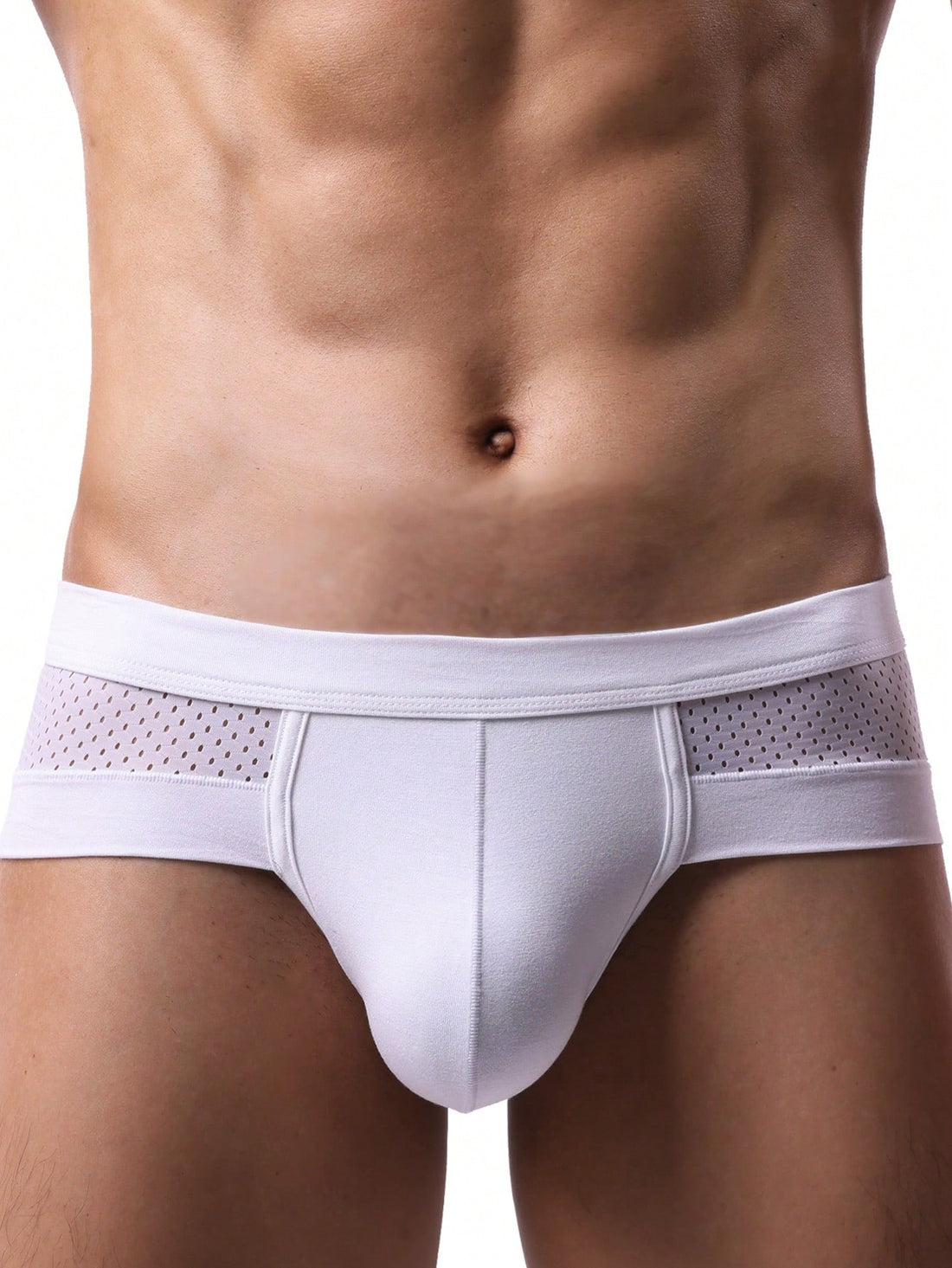White plain men's U-convex thong underwear featuring low rise cut-out design in breathable stretch fabric.