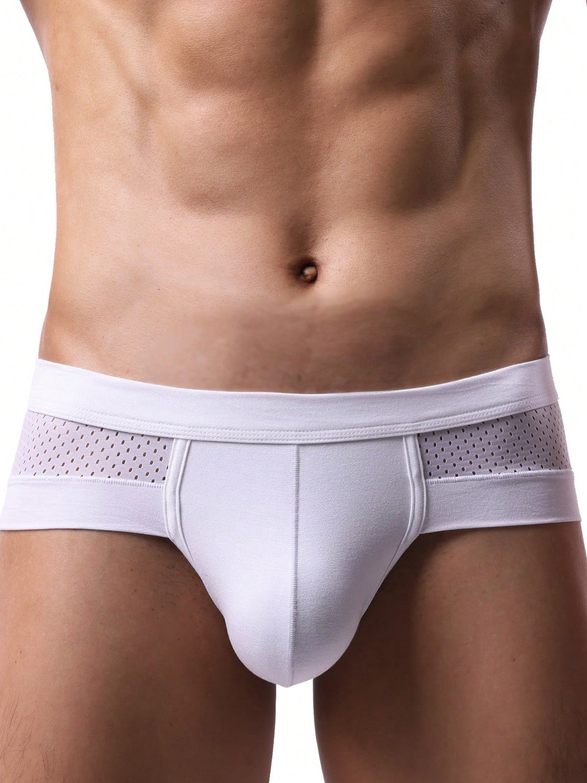 White plain men's U-convex thong underwear featuring low rise cut-out design in breathable stretch fabric.