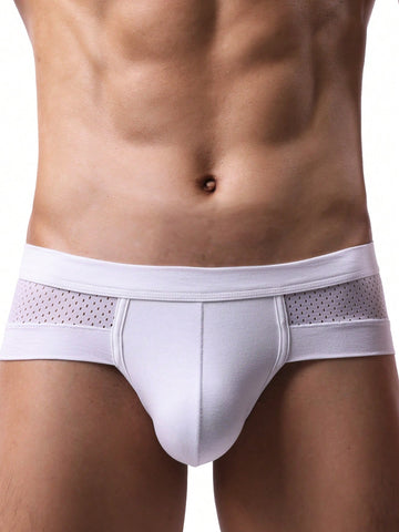 White plain men's U-convex thong underwear featuring low rise cut-out design in breathable stretch fabric.