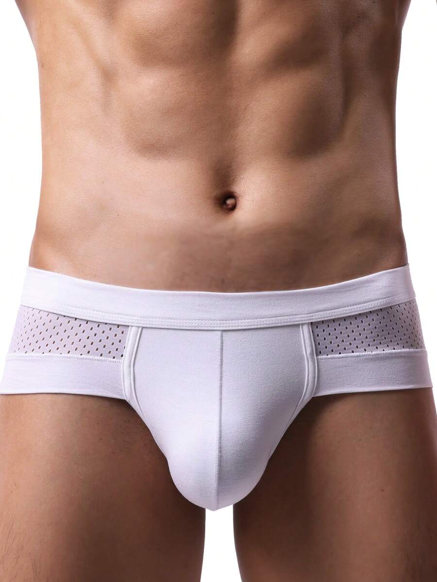 White plain men's U-convex thong underwear featuring low rise cut-out design in breathable stretch fabric.