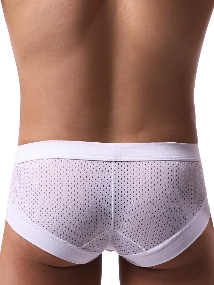 White plain men's U-convex thong underwear featuring low rise cut-out design in breathable stretch fabric.