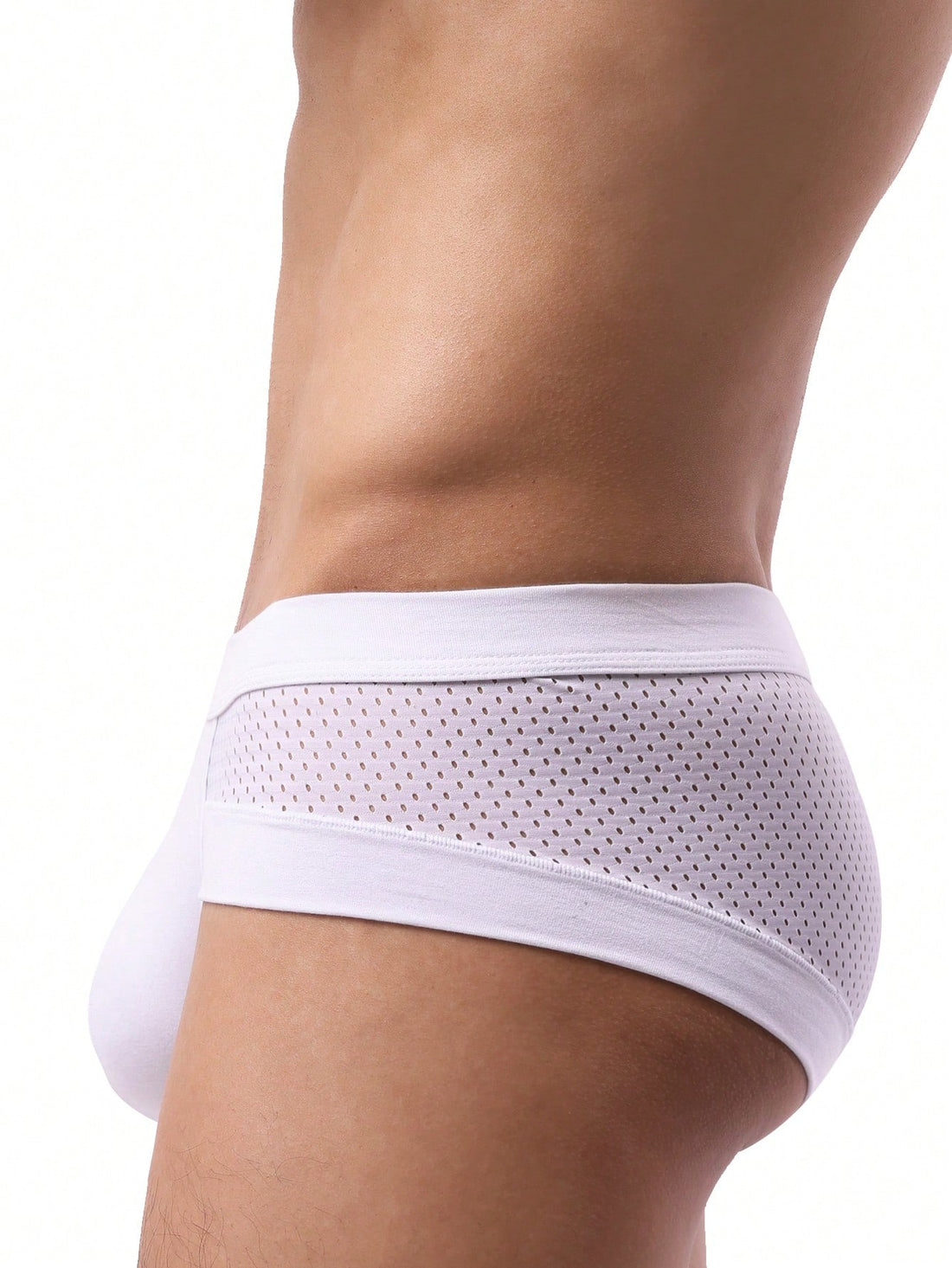 Men's low-rise mesh splice briefs with U-convex pouch, plain knitted underwear in viscose blend with medium stretch