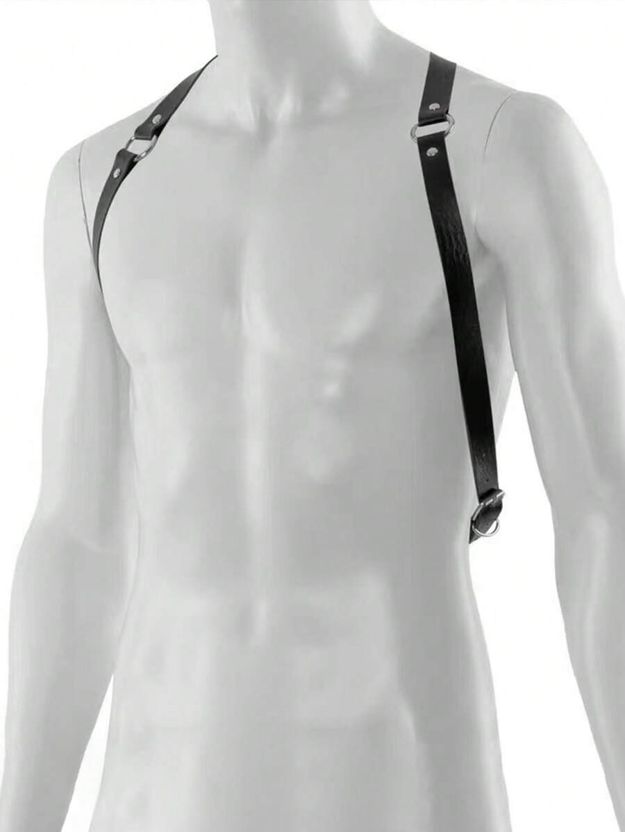 Men's black PU leather chest belt body harness with ring detail in cyberpunk style.