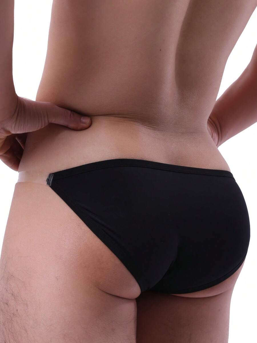 Black men's ice silk swimwear briefs featuring a low rise cut, semi-sheer fabric, and U-convex pouch design.