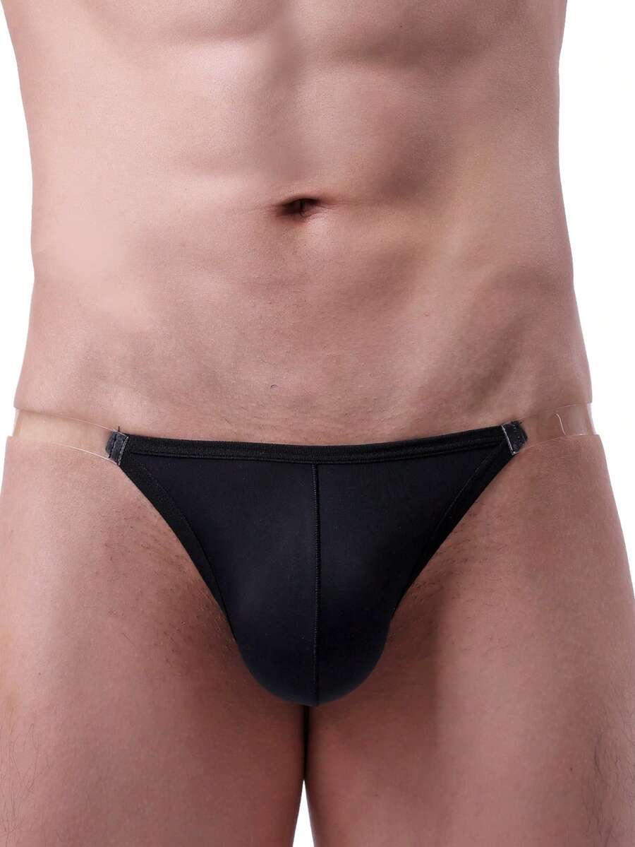 Black men's ice silk swimwear briefs featuring a low rise cut, semi-sheer fabric, and U-convex pouch design.