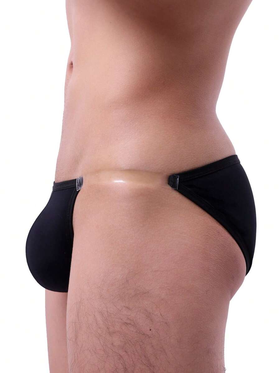 Black men's ice silk swimwear briefs featuring a low rise cut, semi-sheer fabric, and U-convex pouch design.