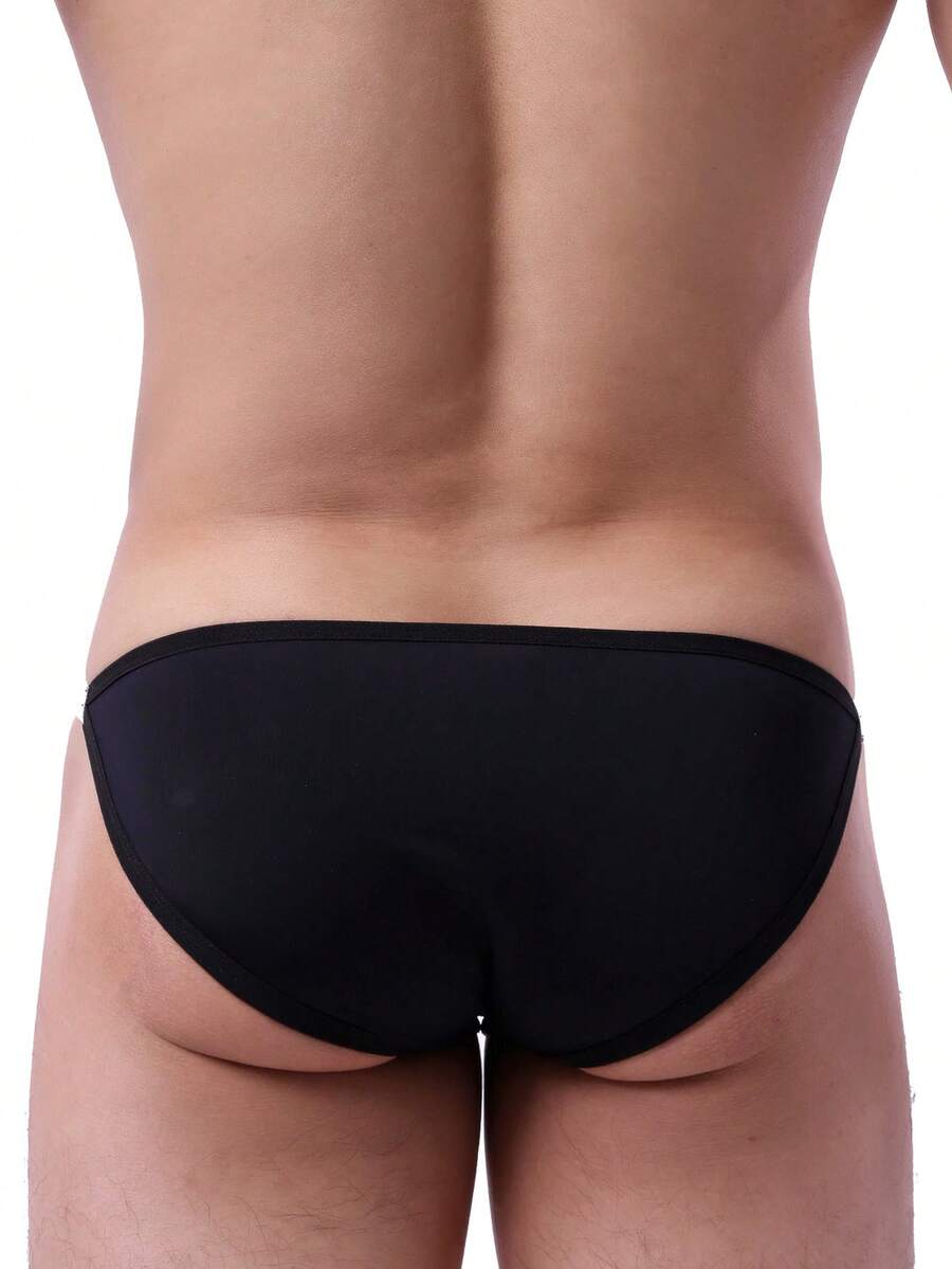 Black men's ice silk swimwear briefs featuring a low rise cut, semi-sheer fabric, and U-convex pouch design.