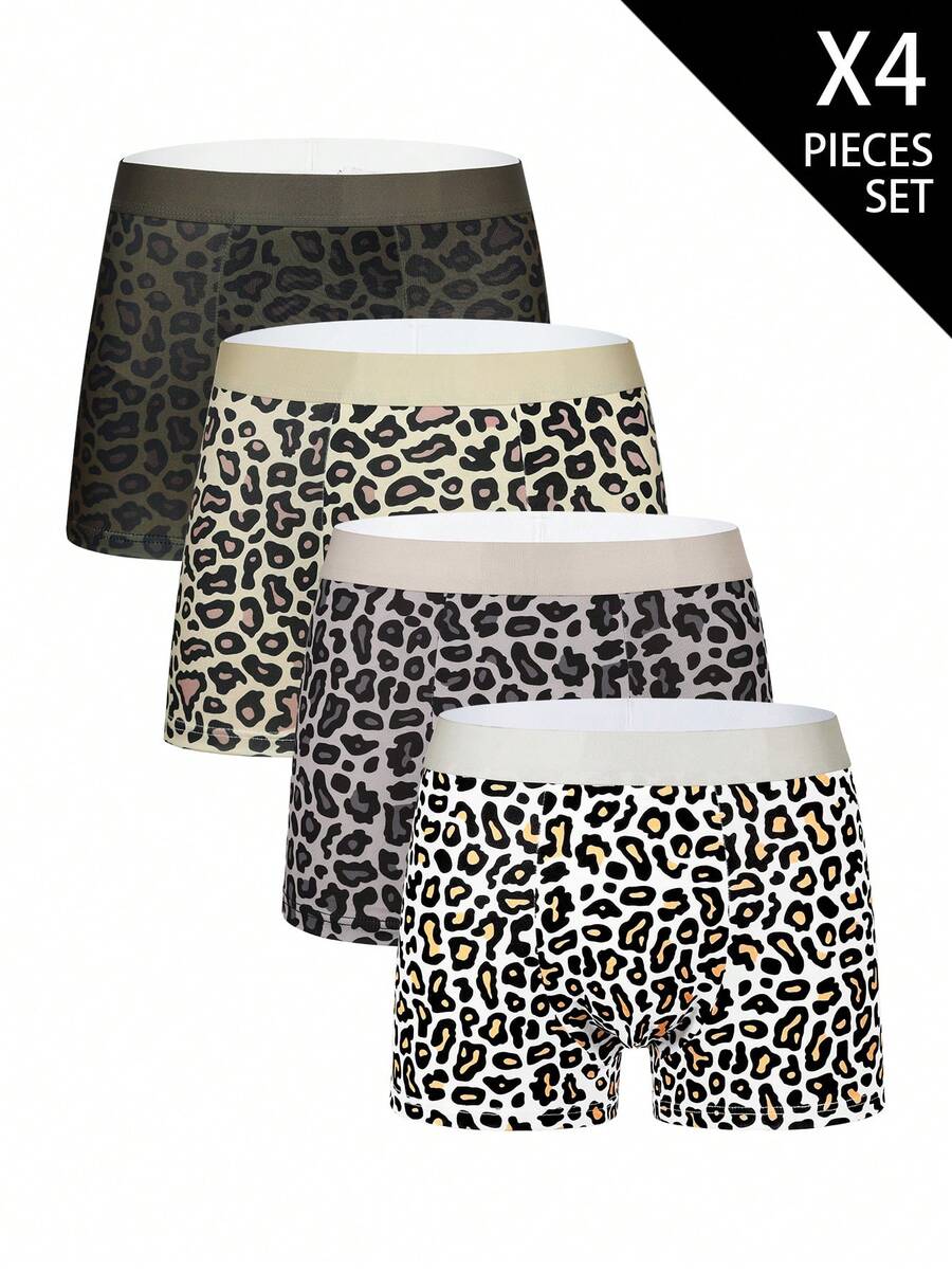 4-pack of men's multicolor leopard print boxer briefs with mid-rise elastic waistband