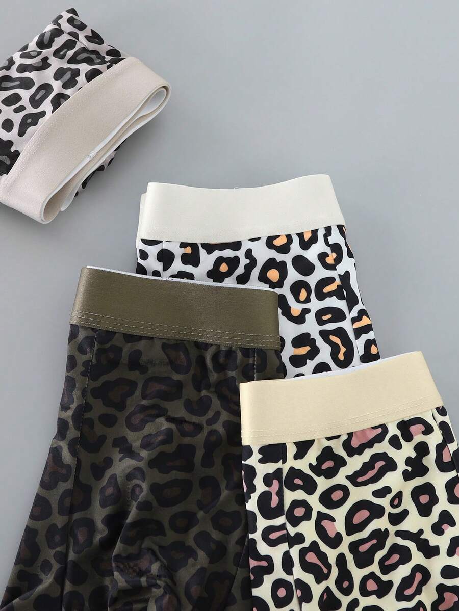4-pack of men's multicolor leopard print boxer briefs with mid-rise elastic waistband