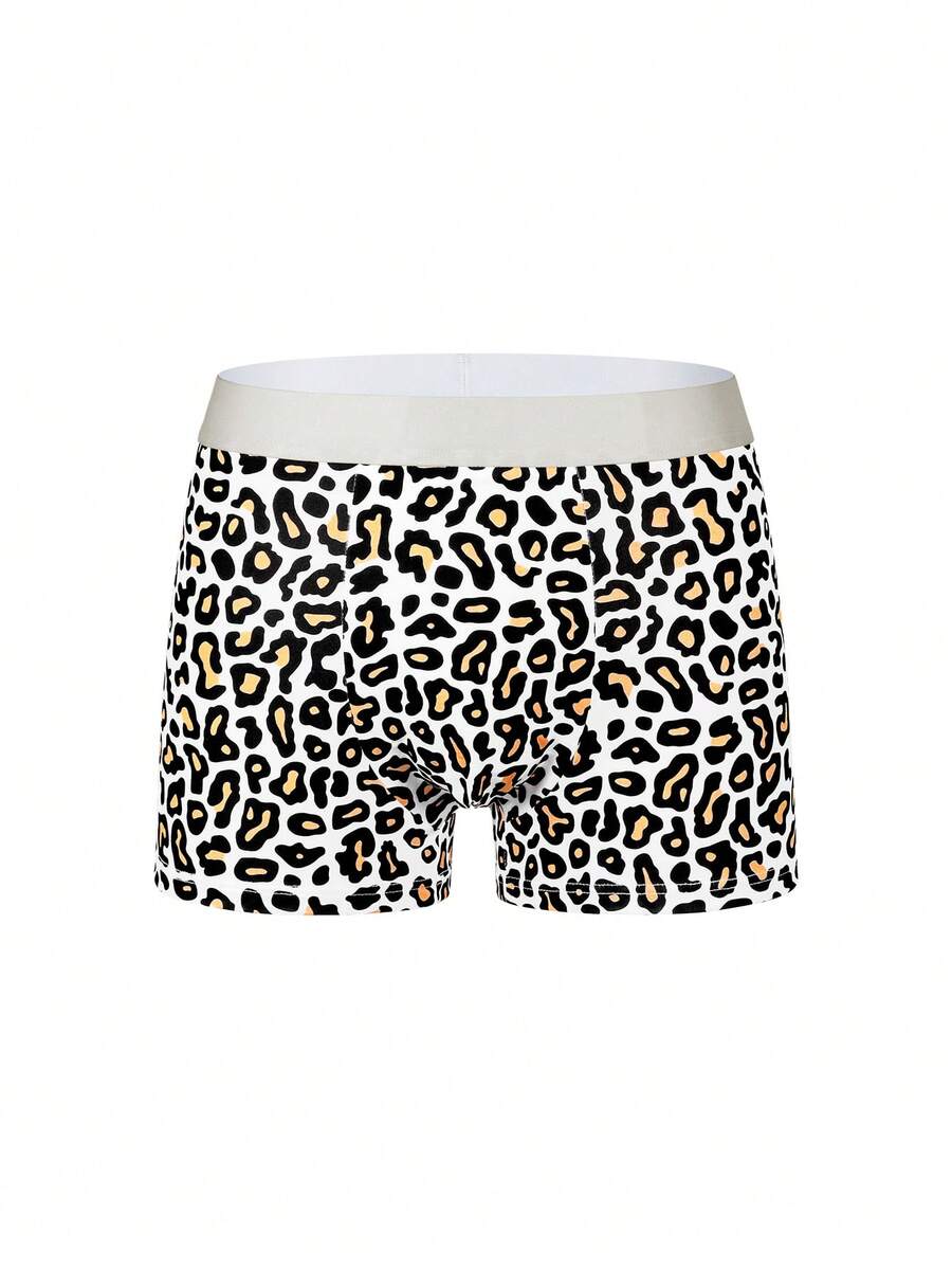 4-pack of men's multicolor leopard print boxer briefs with mid-rise elastic waistband