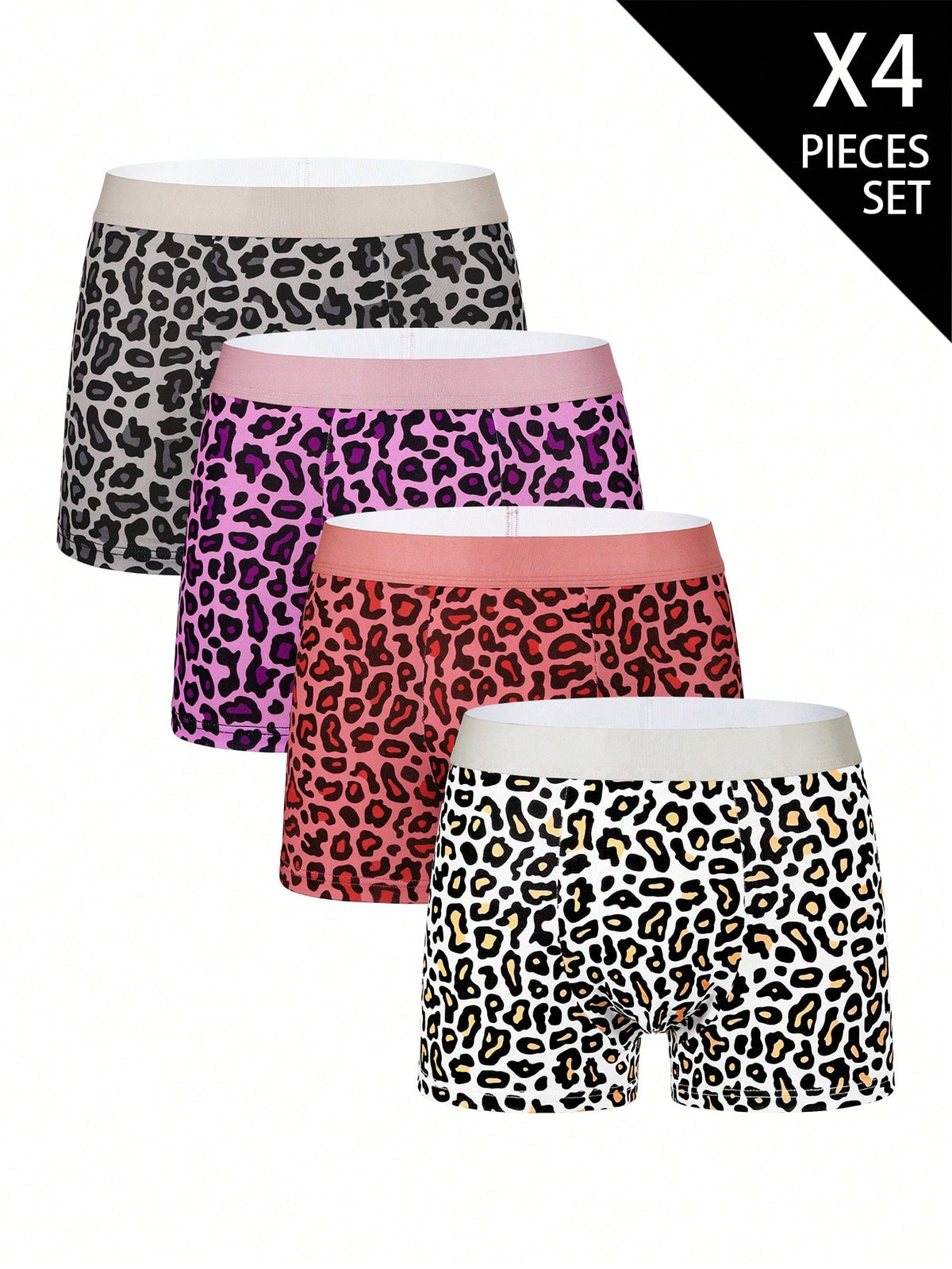 4-pack of men's multicolor leopard print boxer briefs with mid-rise elastic waistband