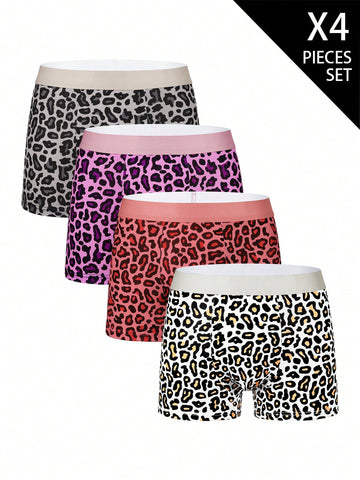 4-pack of men's multicolor leopard print boxer briefs with mid-rise elastic waistband
