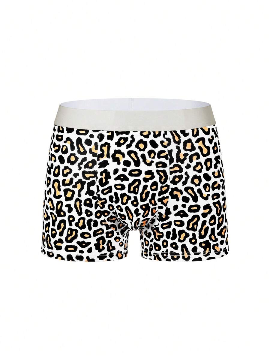 4-pack of men's multicolor leopard print boxer briefs with mid-rise elastic waistband
