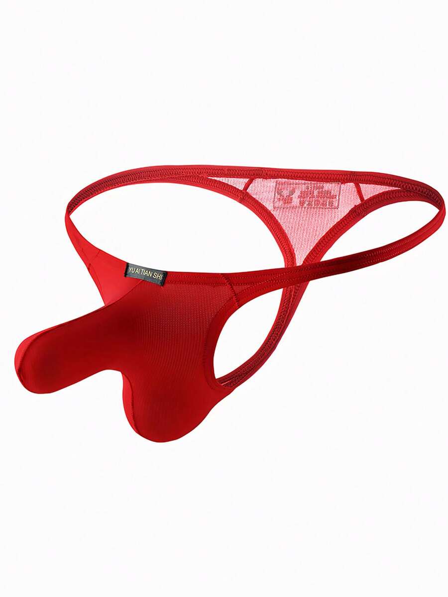 3-pack of men's low-rise g-string thong underwear featuring a bulge pouch design, breathable mesh fabric, and high elastic waistband.