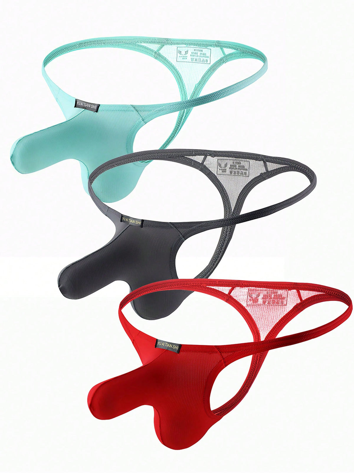 3-pack of men's low-rise g-string thong underwear featuring a bulge pouch design, breathable mesh fabric, and high elastic waistband.