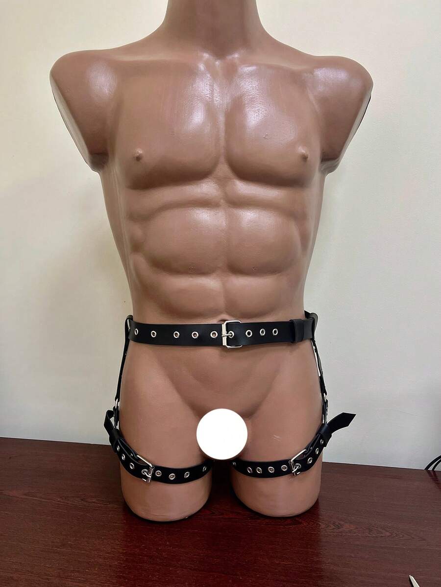 Black PU leather waist and thigh garter belt for men featuring rivet details and adjustable straps.