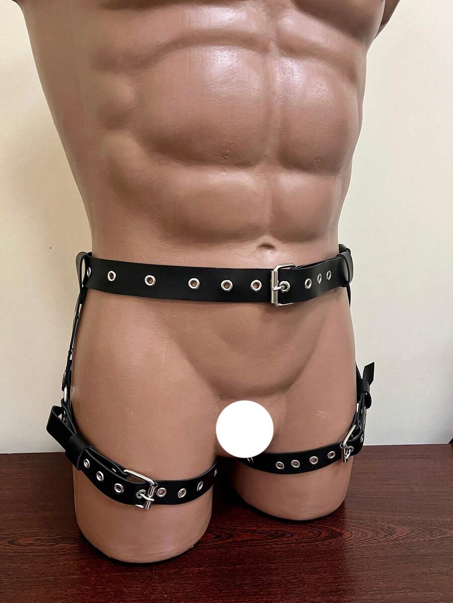 Black PU leather waist and thigh garter belt for men featuring rivet details and adjustable straps.