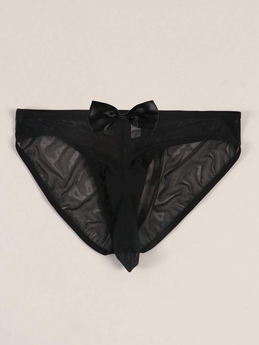 Men's sheer mesh triangle briefs in solid color featuring a mid-rise waist and breathable knitted stretch fabric.