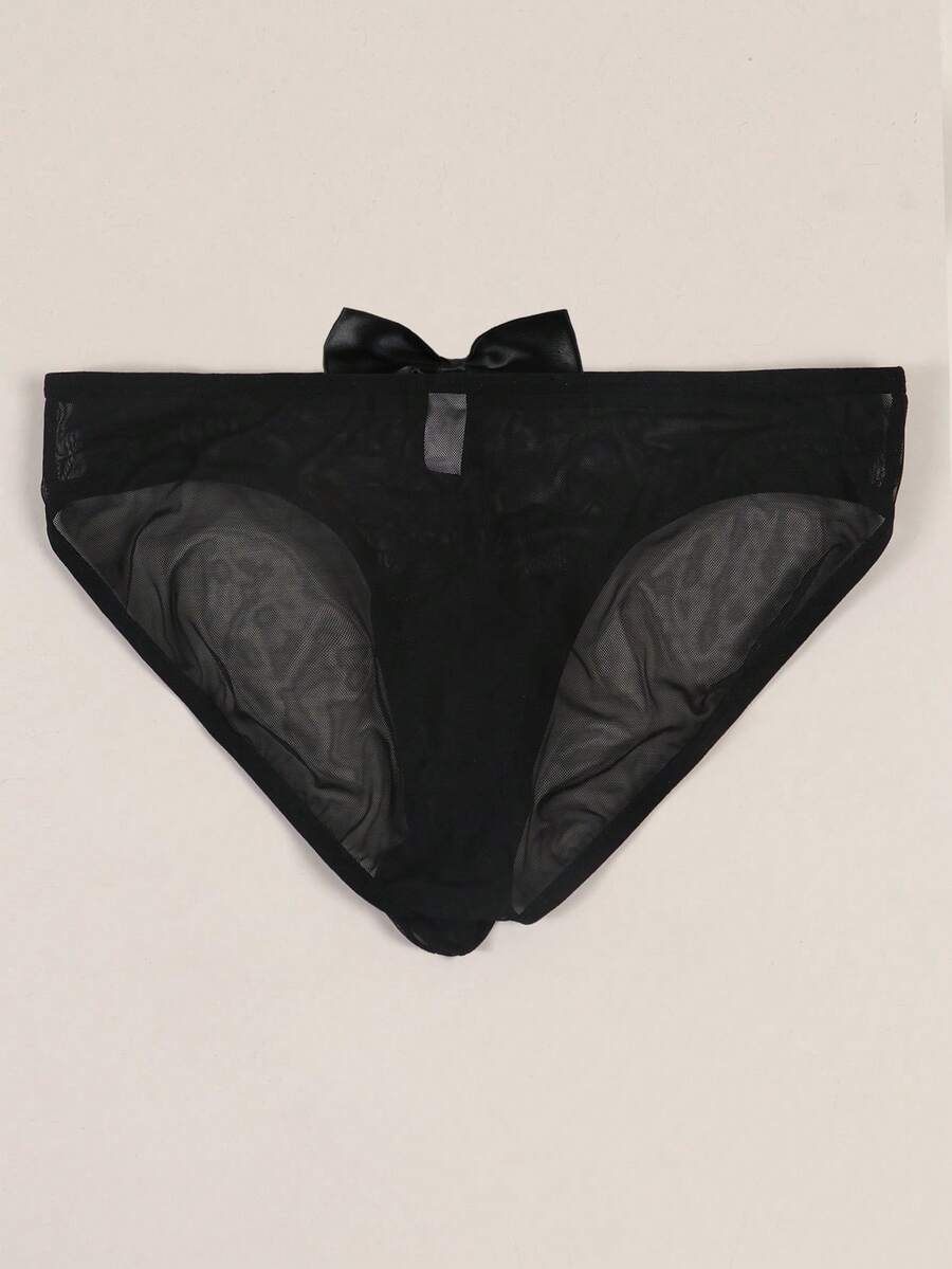 Men's sheer mesh triangle briefs in solid color featuring a mid-rise waist and breathable knitted stretch fabric.