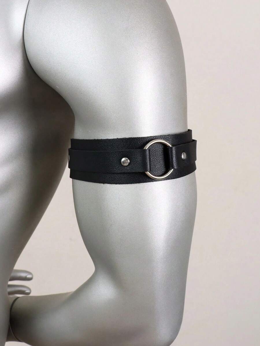 Black gothic PU leather arm cuff band featuring rivet details for men and unisex party accessories.