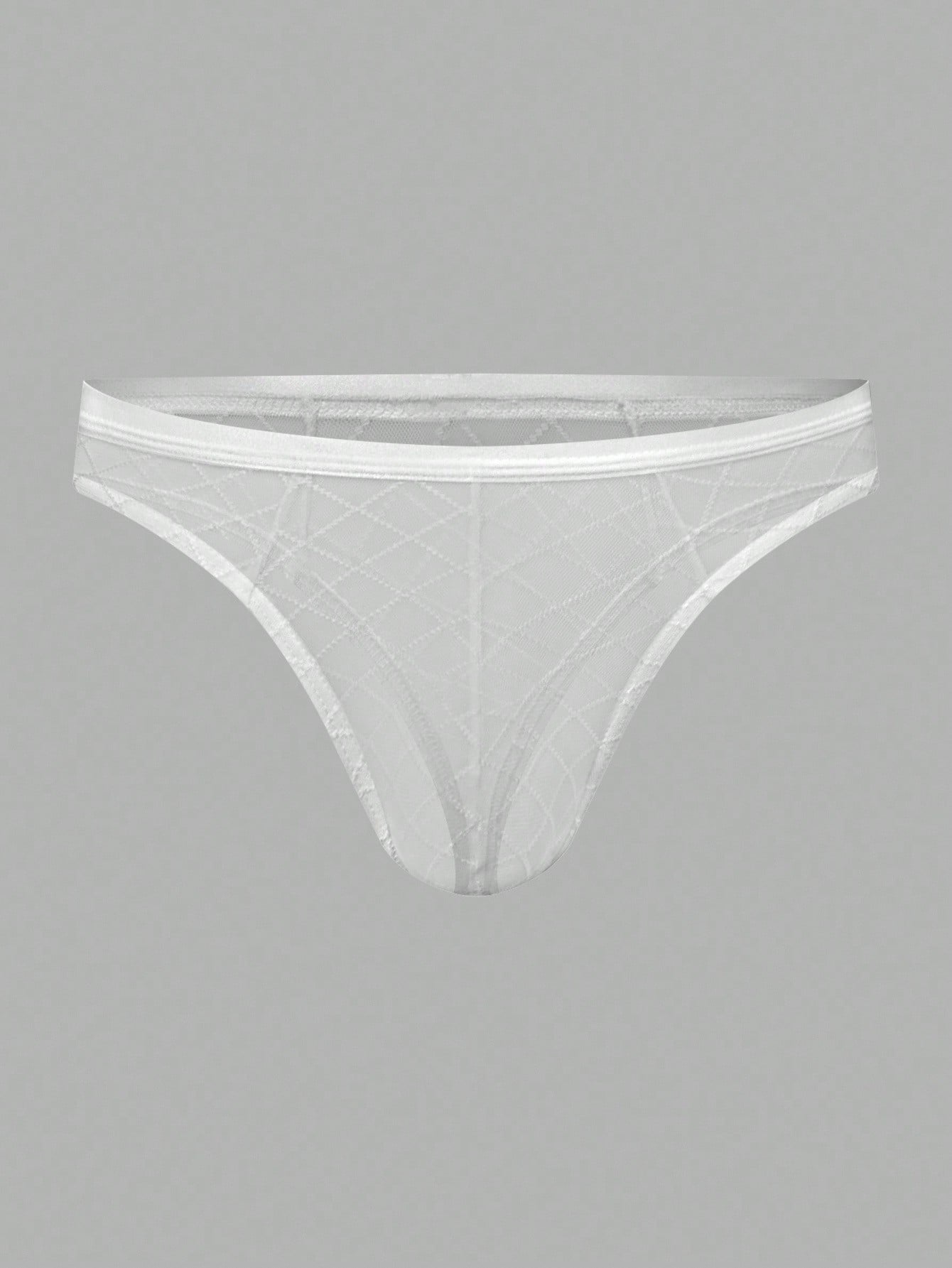 Men's sheer mesh thong underwear in multicolor with low-rise cut, plaid and random print pattern, and high-stretch polyamide elastane fabric.