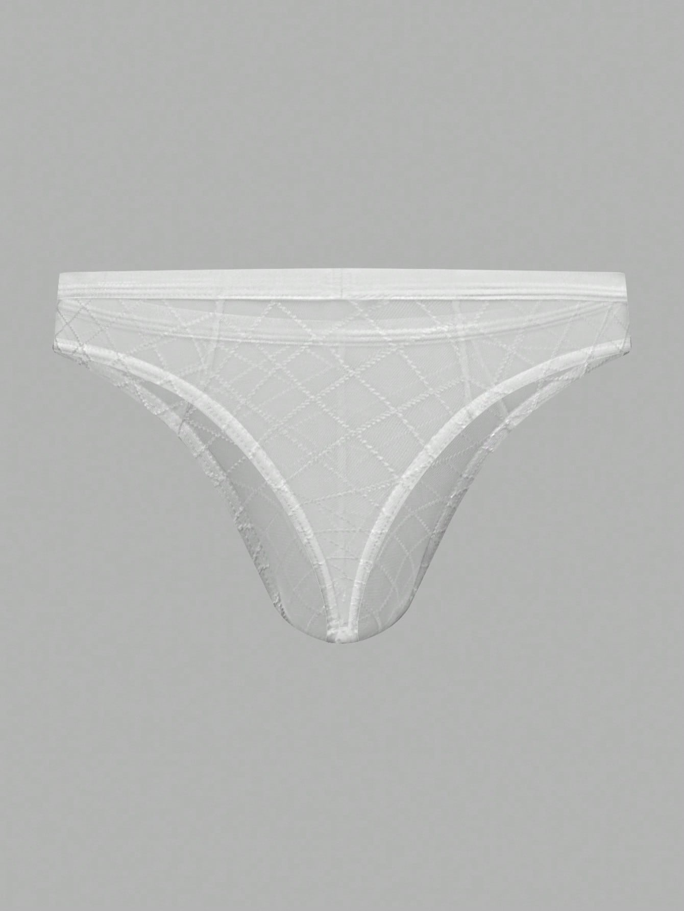 Men's sheer mesh thong underwear in multicolor with low-rise cut, plaid and random print pattern, and high-stretch polyamide elastane fabric.