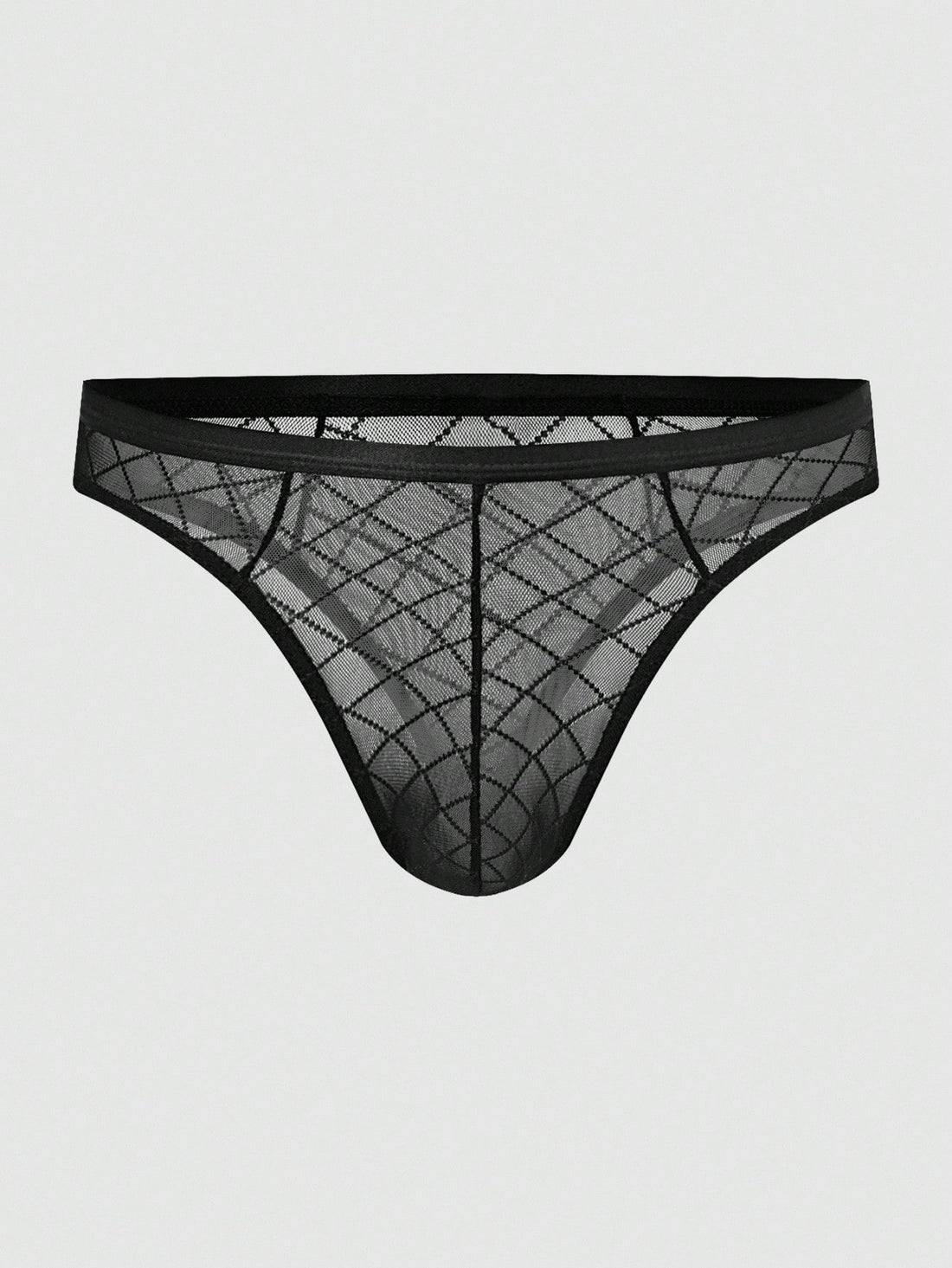 Men's sheer mesh thong underwear in multicolor with low-rise cut, plaid and random print pattern, and high-stretch polyamide elastane fabric.
