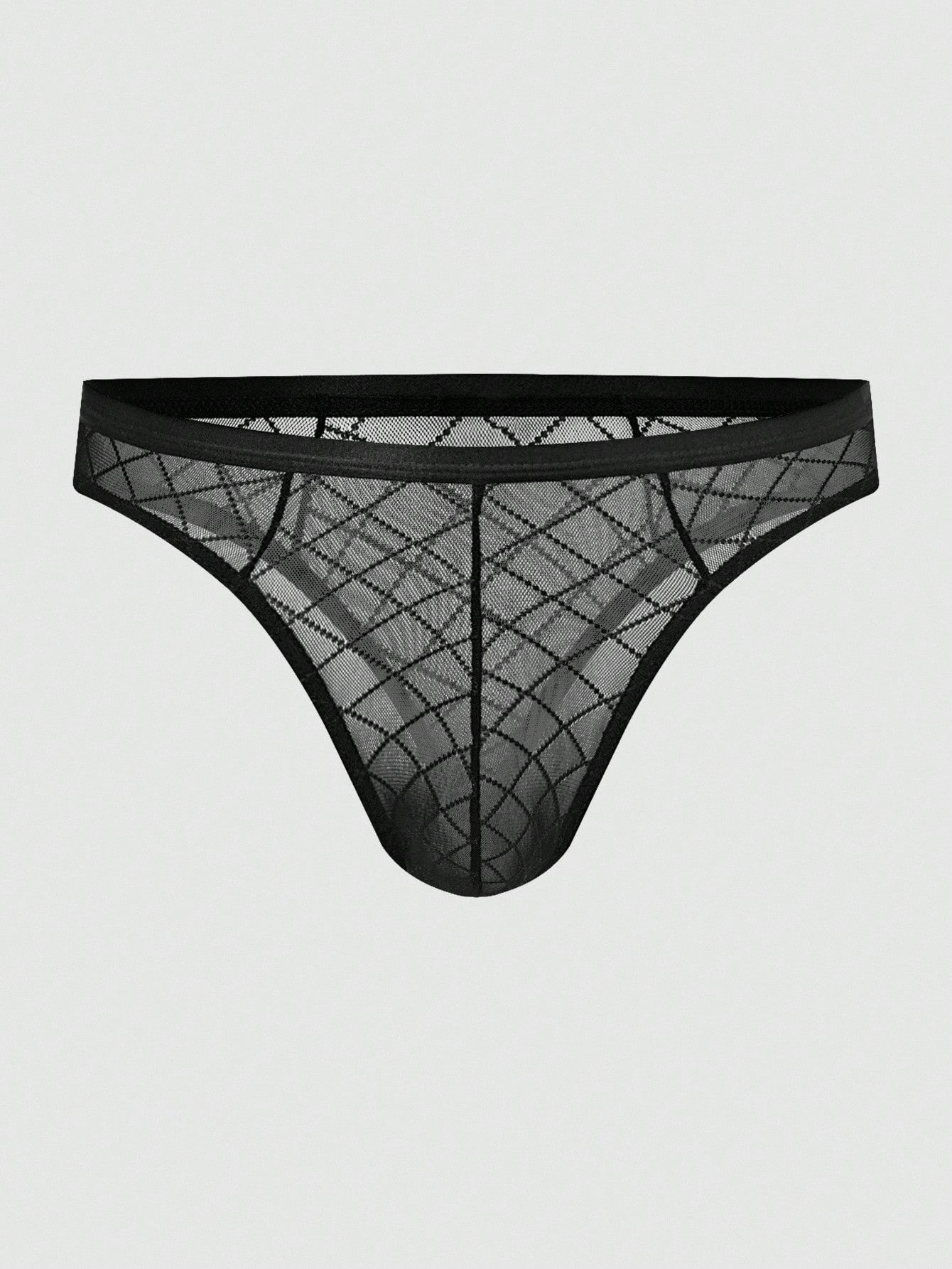 Men's sheer mesh thong underwear in multicolor with low-rise cut, plaid and random print pattern, and high-stretch polyamide elastane fabric.