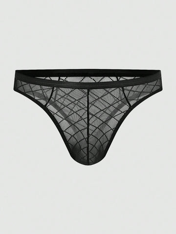 Men's sheer mesh thong underwear in multicolor with low-rise cut, plaid and random print pattern, and high-stretch polyamide elastane fabric.