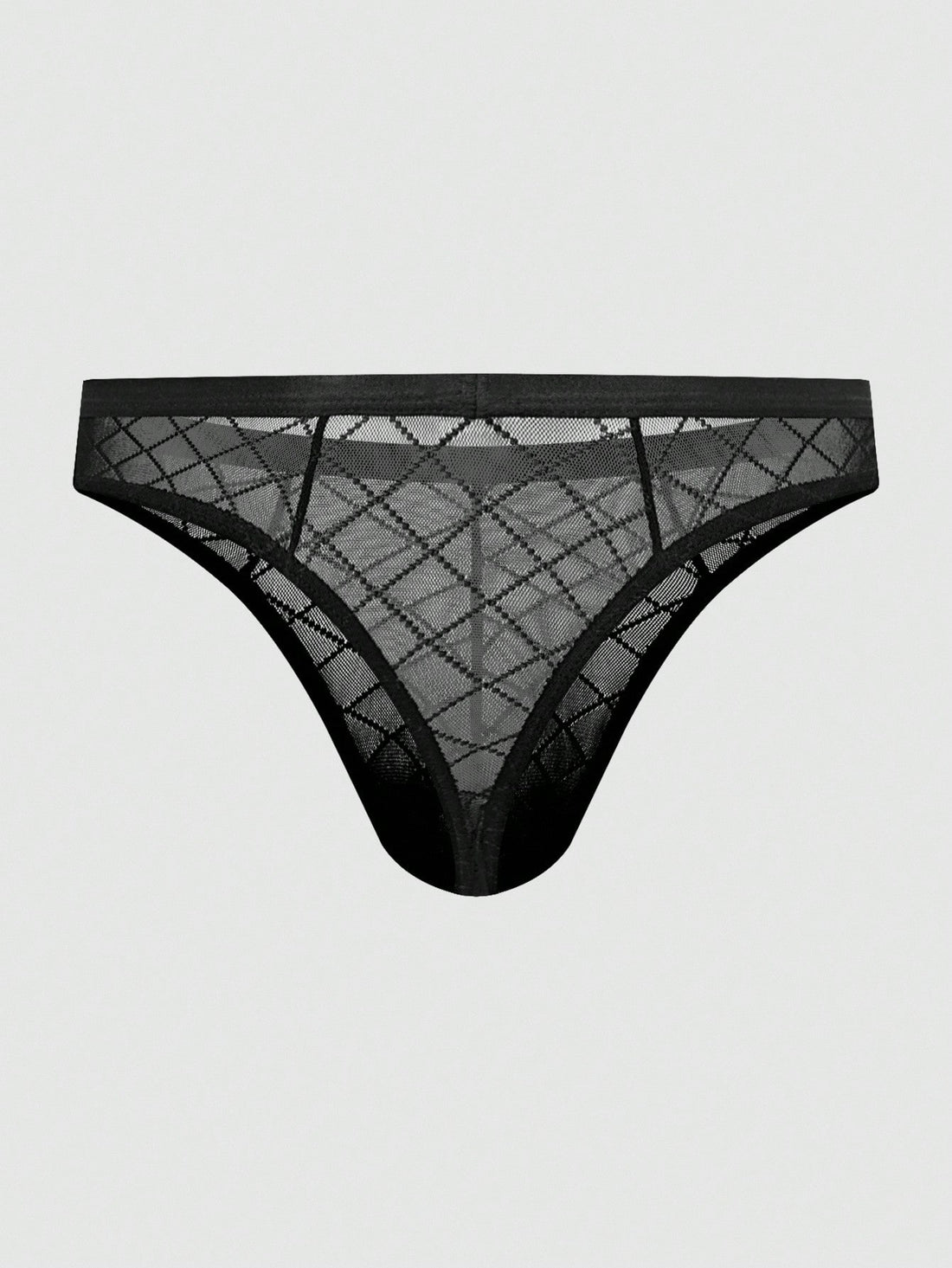 Men's sheer mesh thong underwear in multicolor with low-rise cut, plaid and random print pattern, and high-stretch polyamide elastane fabric.