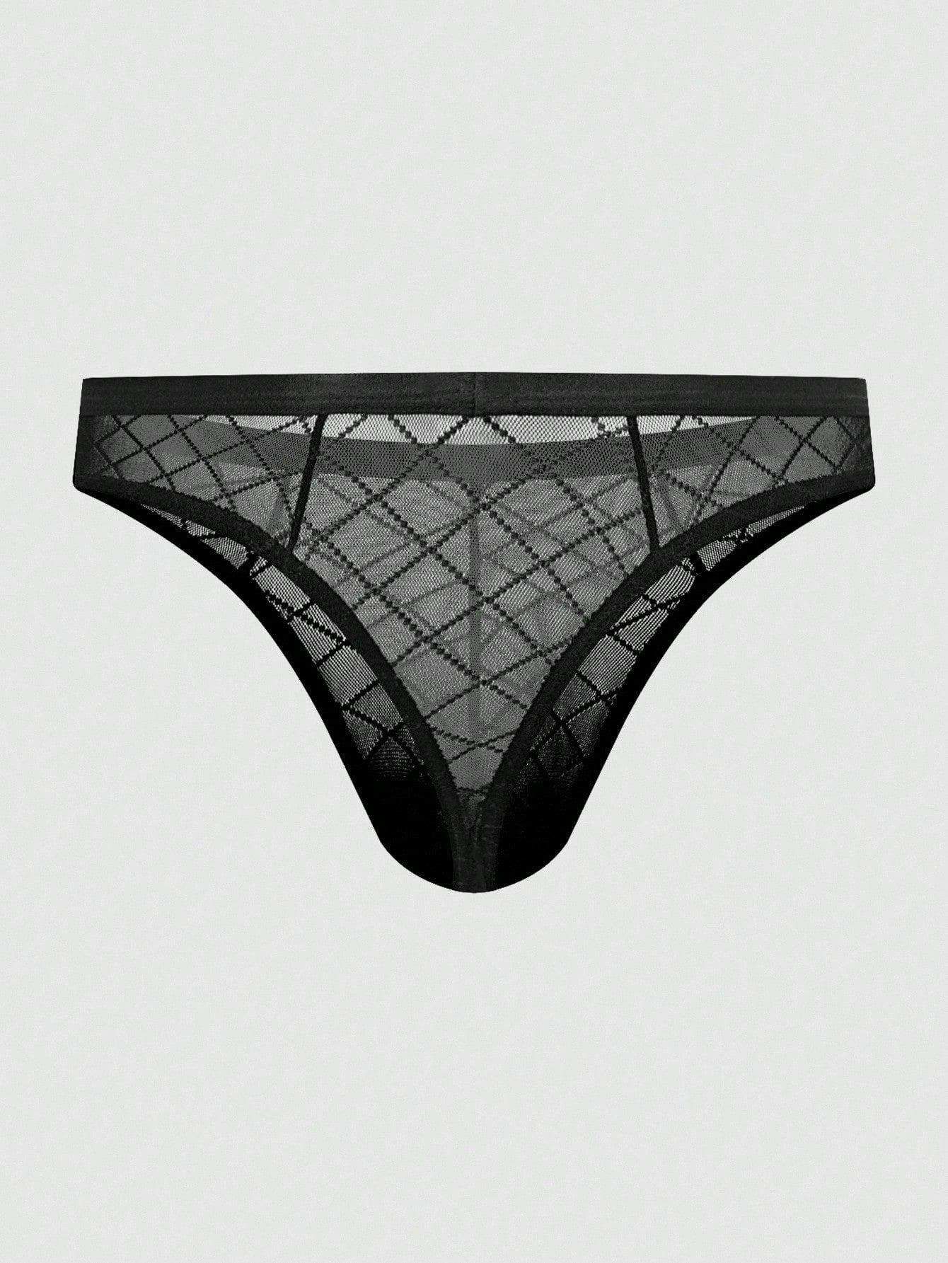 Men's sheer mesh thong underwear in multicolor with low-rise cut, plaid and random print pattern, and high-stretch polyamide elastane fabric.