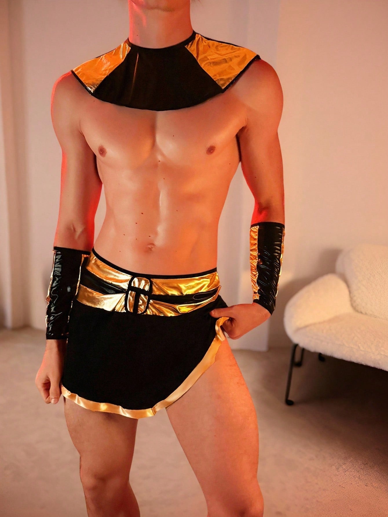 Men's black colorblock sexy costume 4-piece set with dress, shawl, and gloves, featuring contrast binding and high-stretch knitted fabric.