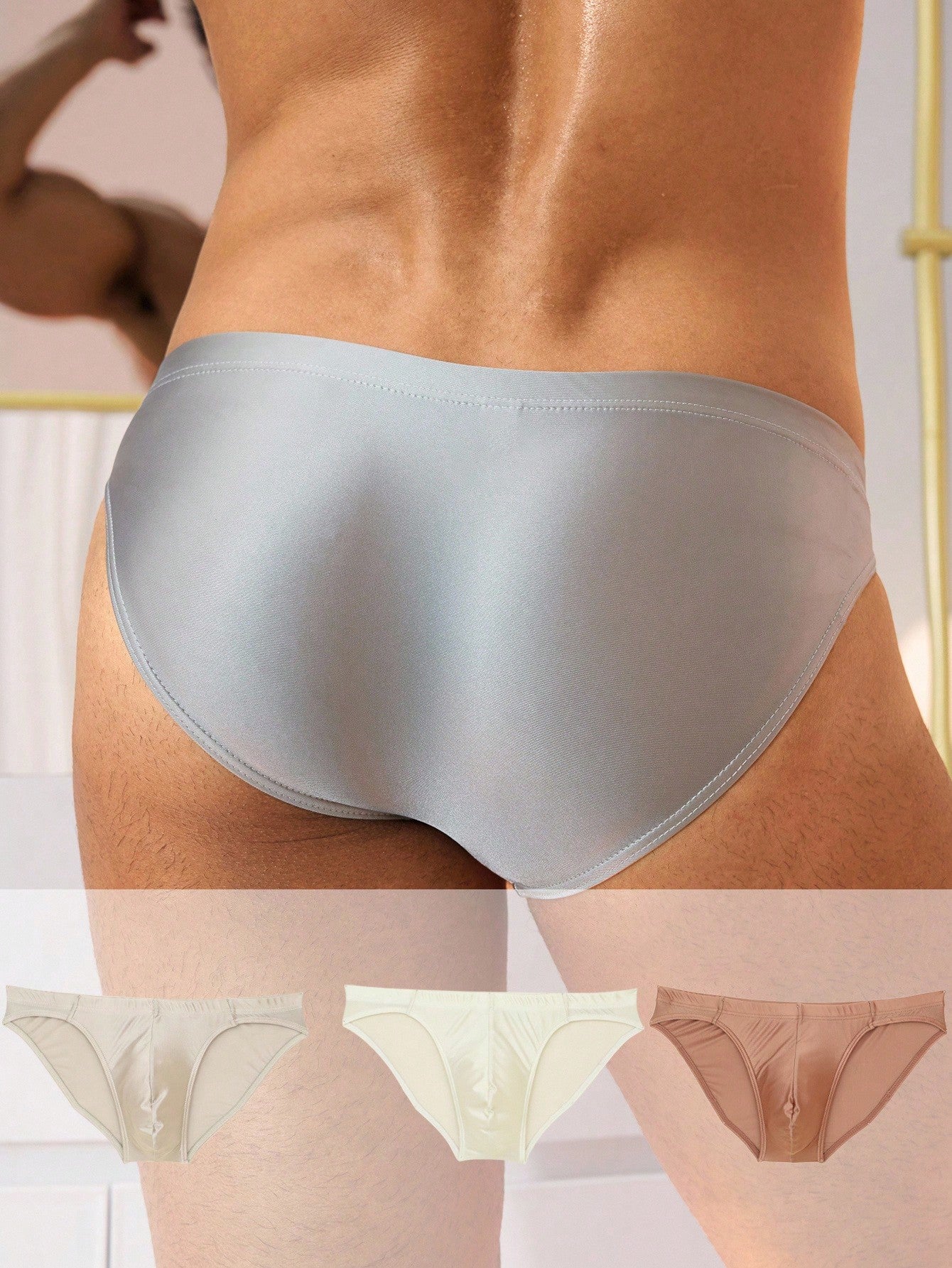 Men's low-rise plain briefs 3-piece set in multicolor knitted fabric with hollow out detail and medium stretch.