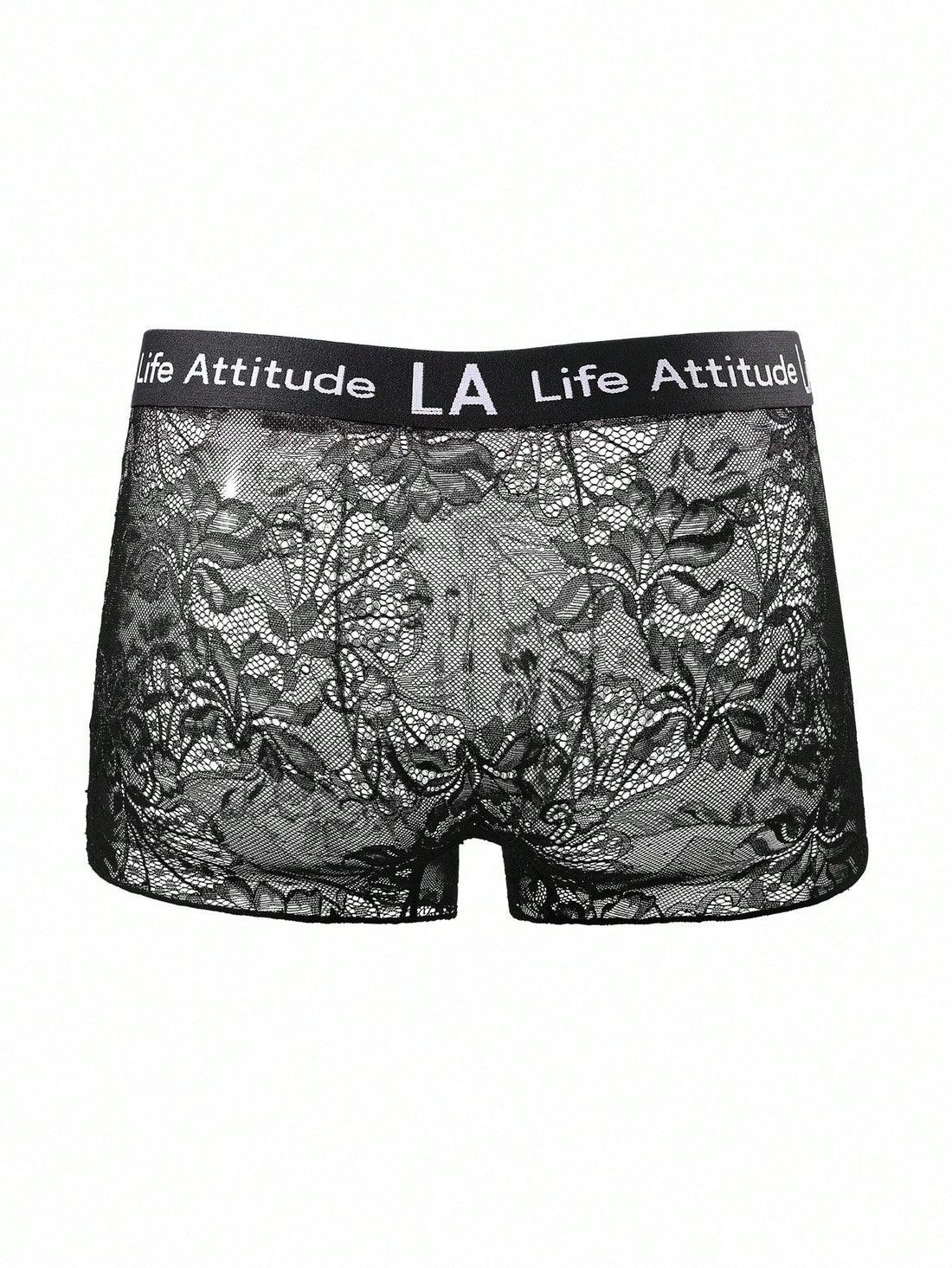 Men's black low rise lace briefs with letter waistband, semi-sheer fabric and medium stretch design.