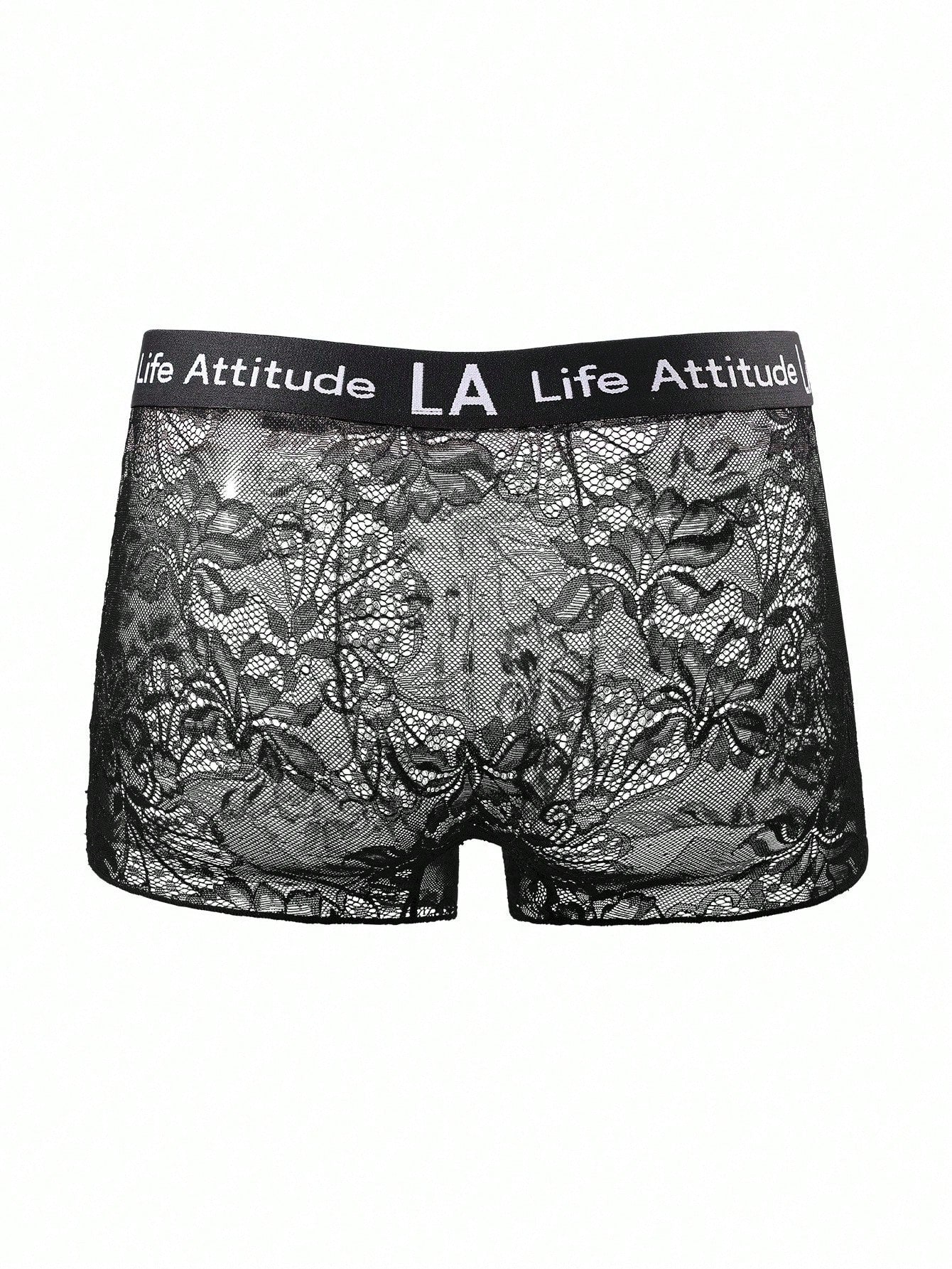 Men's black low rise lace briefs with letter waistband, semi-sheer fabric and medium stretch design.