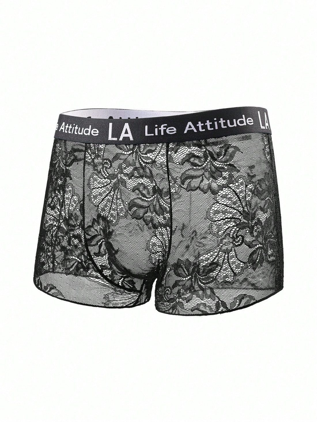 Men's black low rise lace briefs with letter waistband, semi-sheer fabric and medium stretch design.
