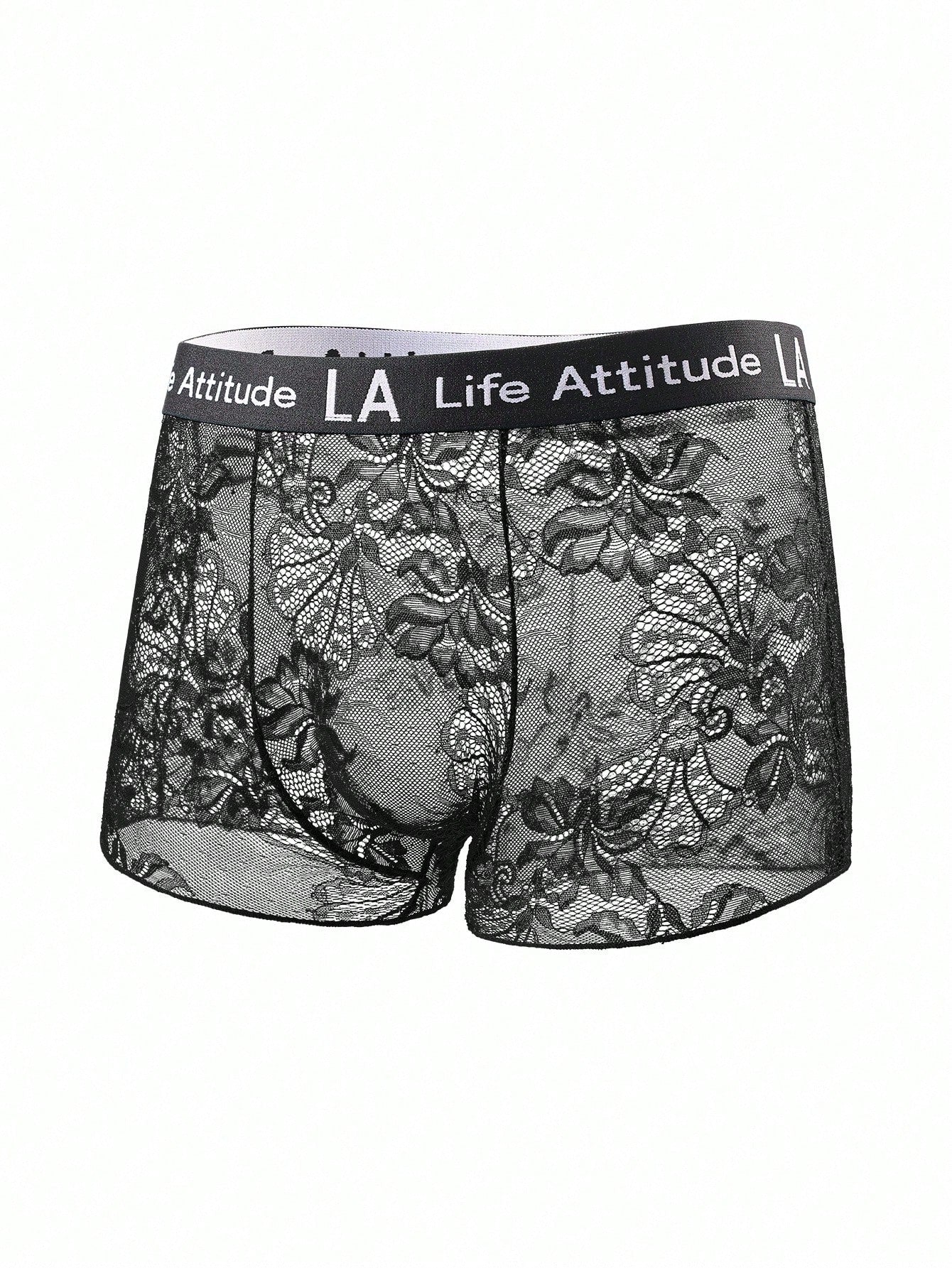 Men's black low rise lace briefs with letter waistband, semi-sheer fabric and medium stretch design.