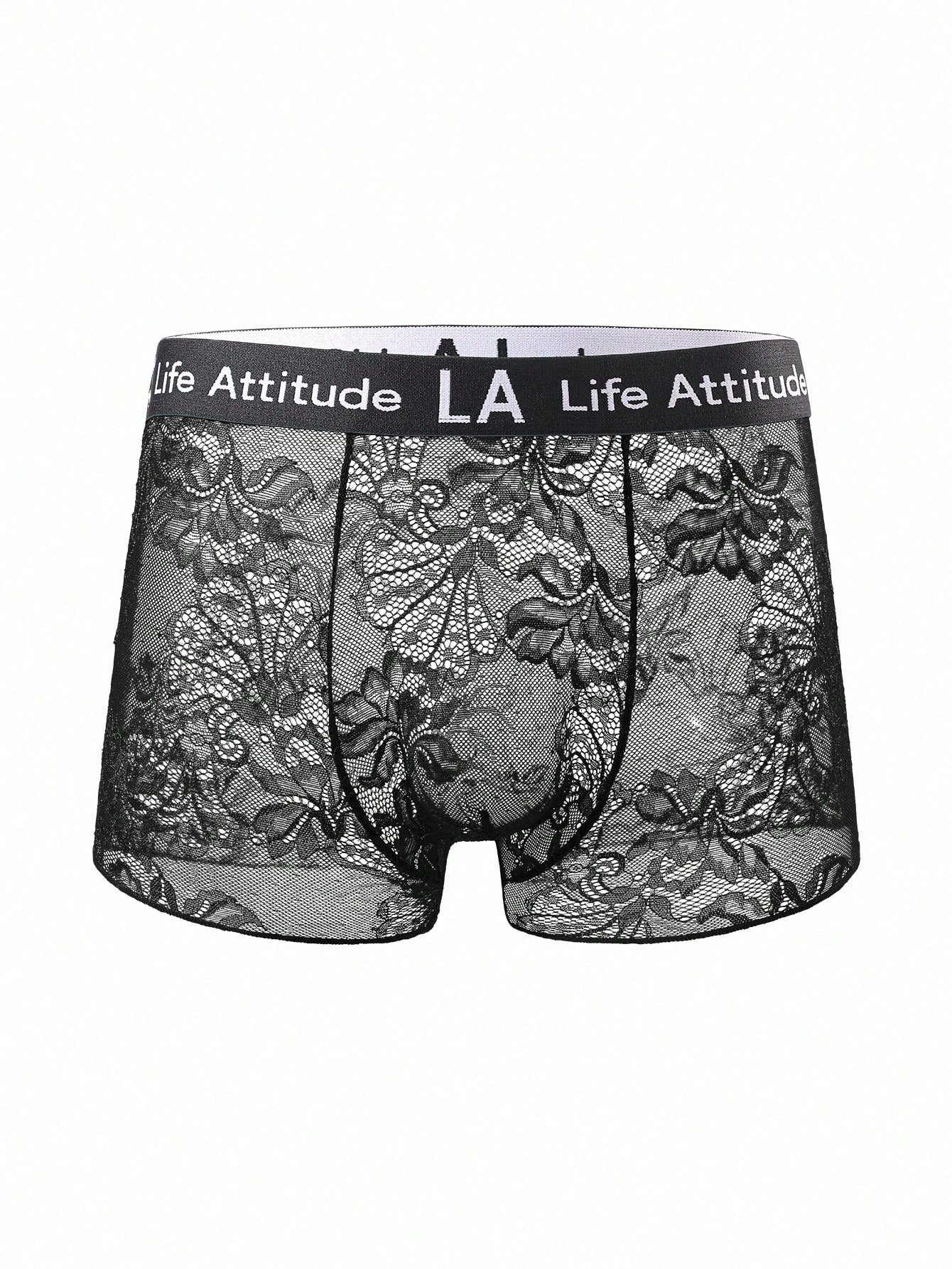 Men's black low rise lace briefs with letter waistband, semi-sheer fabric and medium stretch design.