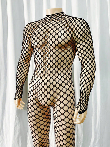 Black men's sheer bodystocking bodysuit with cut-out detail, all over print, short length, and high stretch polyamide elastane fabric.